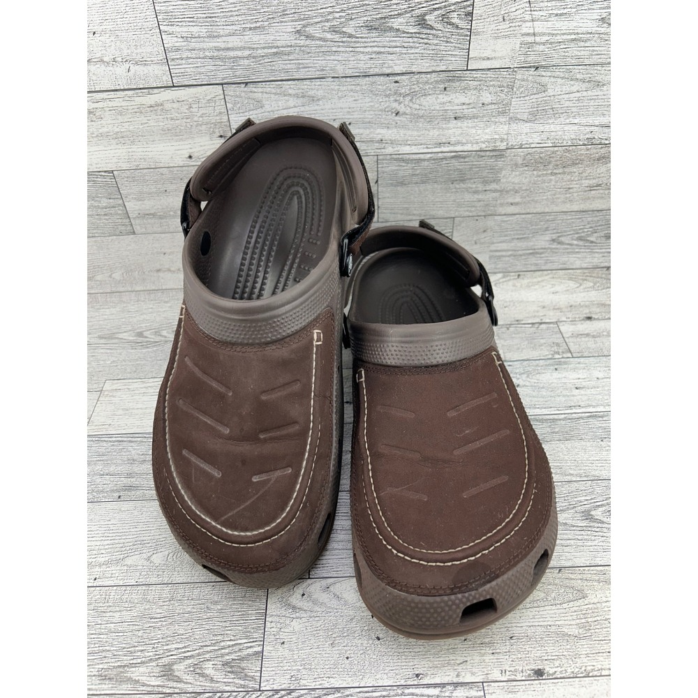 Crocs Yukon Sport Men Size 11 Brown Leather Overlay Clogs Adjustable Strap Shoes